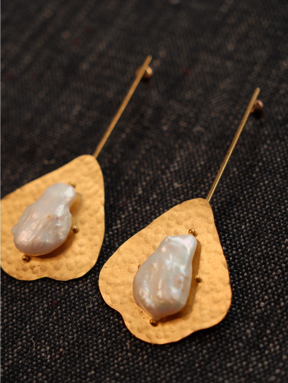 Gold Hammered Teardrop Earrings with White Baroque Pearls